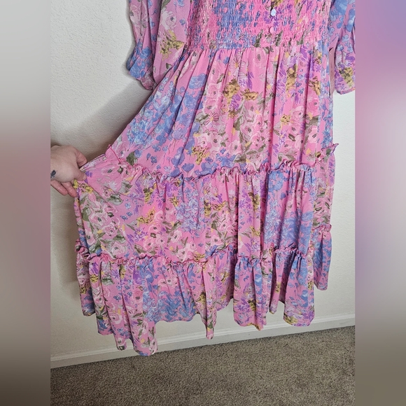 NWT Ivy City Co. Rowan Midi Dress in Pink Multi Smocked Tiered Ruffle Hem Medium - Picture 4 of 10